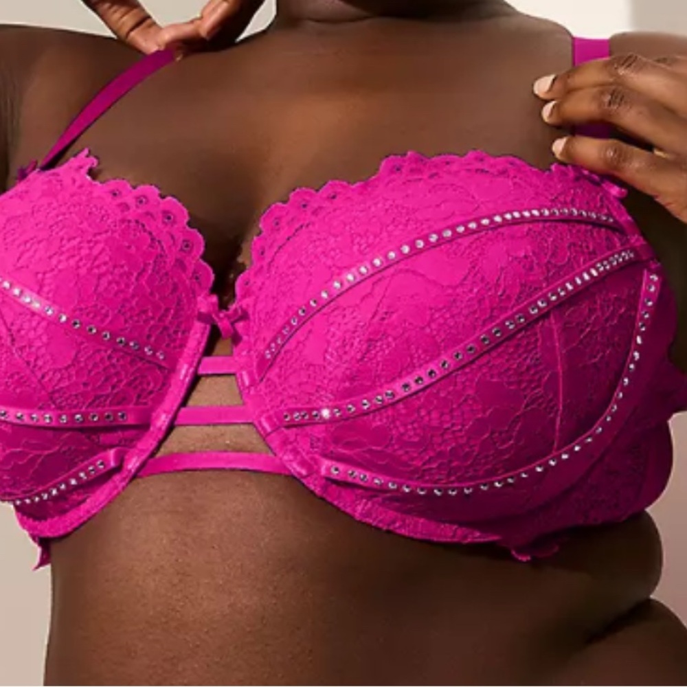 Cacique Fuchsia Lace Bra with Rhinestone Detail